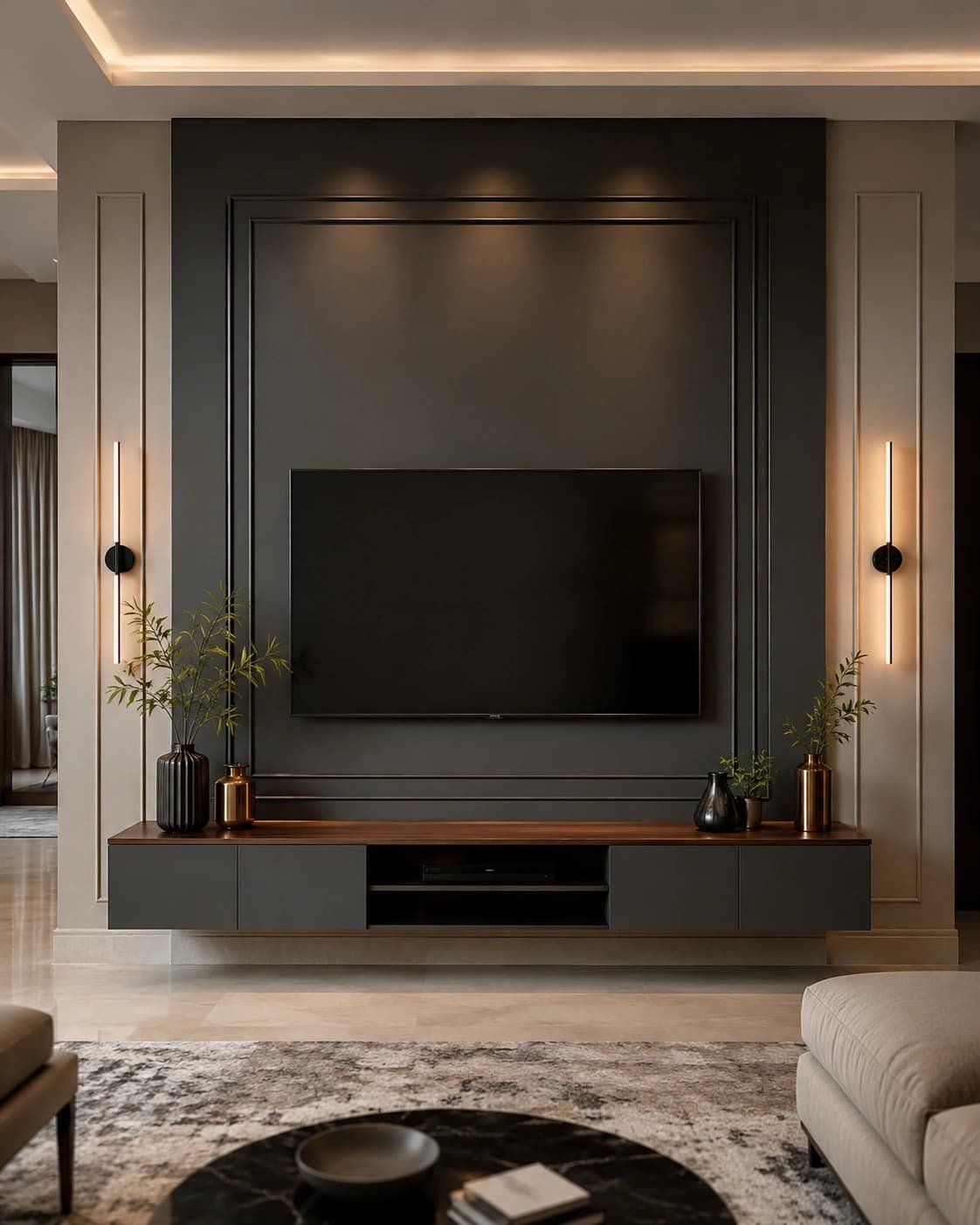 Charcoal television feature wall paint colour palette in Manikonda Hyderabad