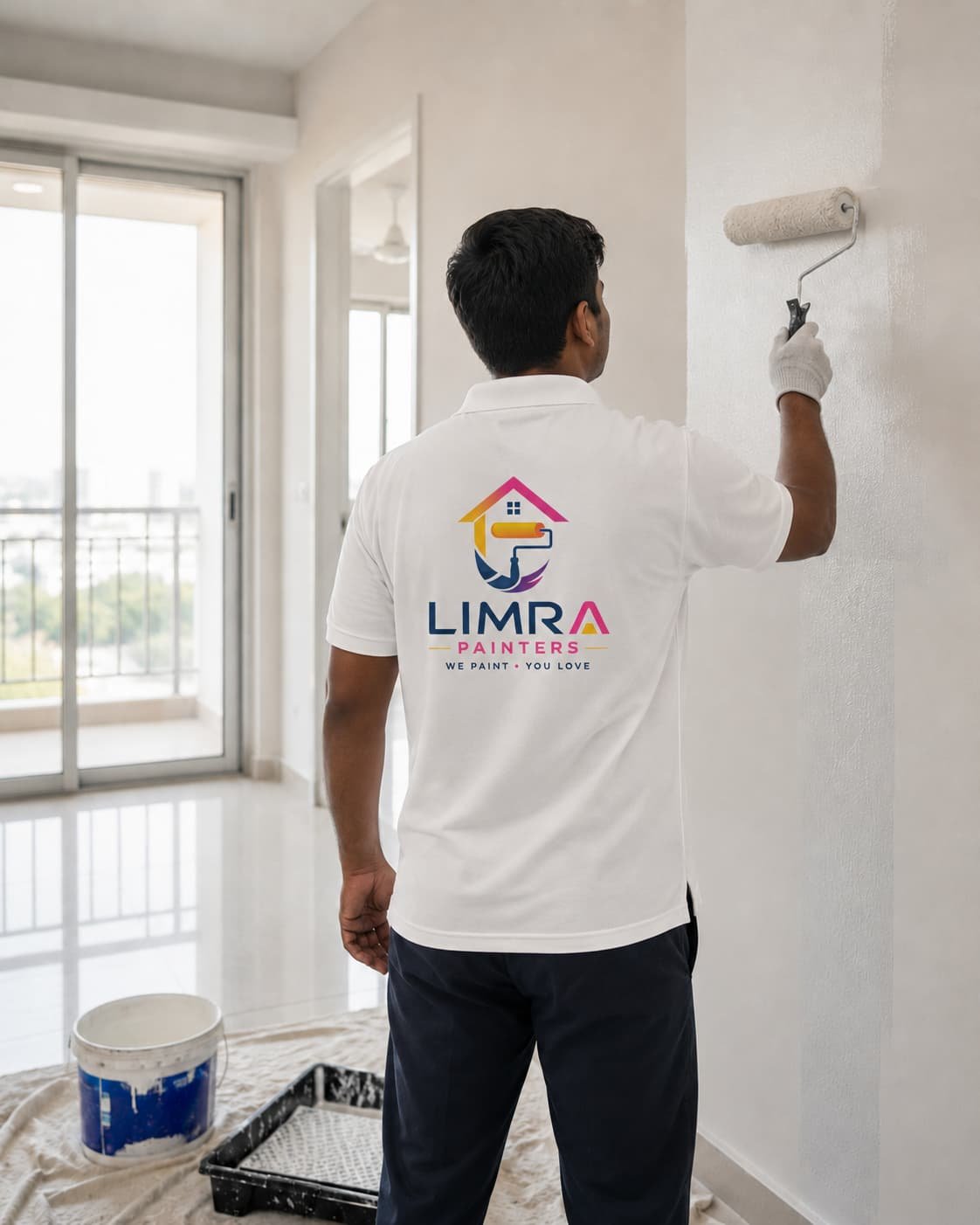 Representative primer application during interior wall preparation in Hyderabad