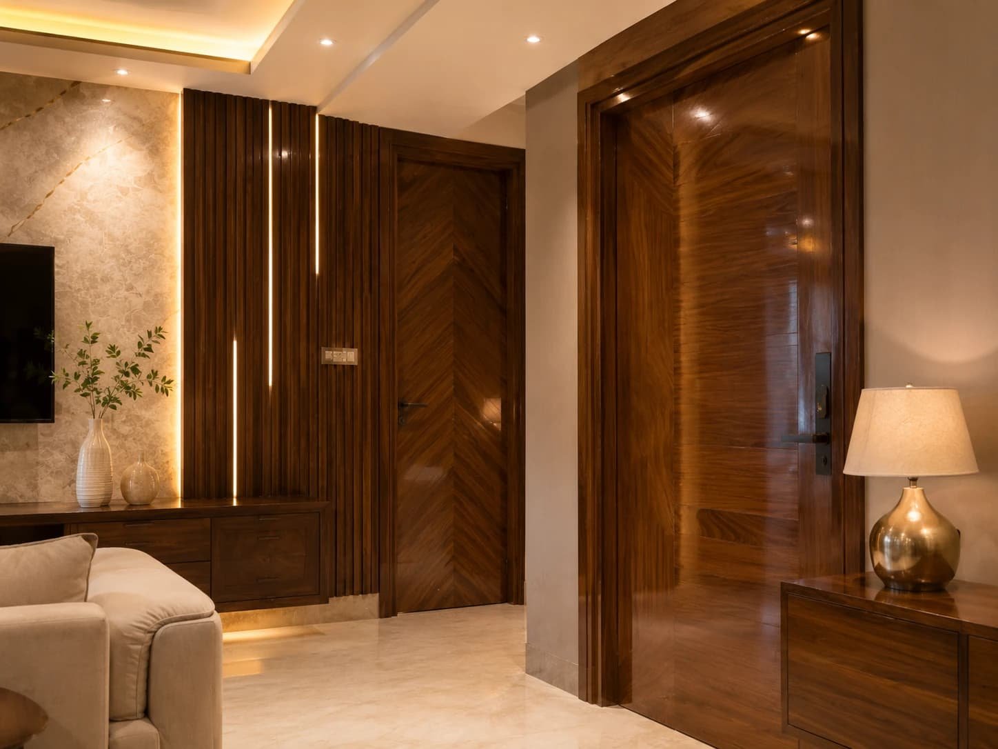 Glossy wooden doors after professional wood polishing in Gachibowli Hyderabad